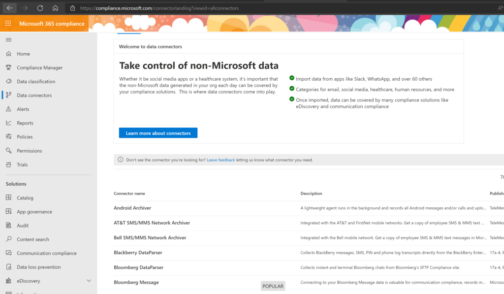 Microsoft Compliance Portal Data Connectors